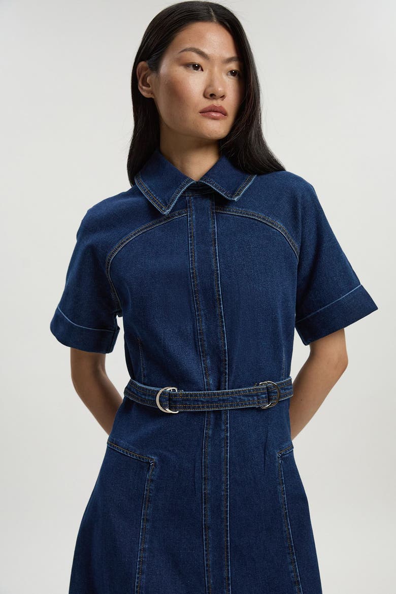 Petite Stretch Denim Tab Belt Midi Dress, Alternate, color, Mid Wash