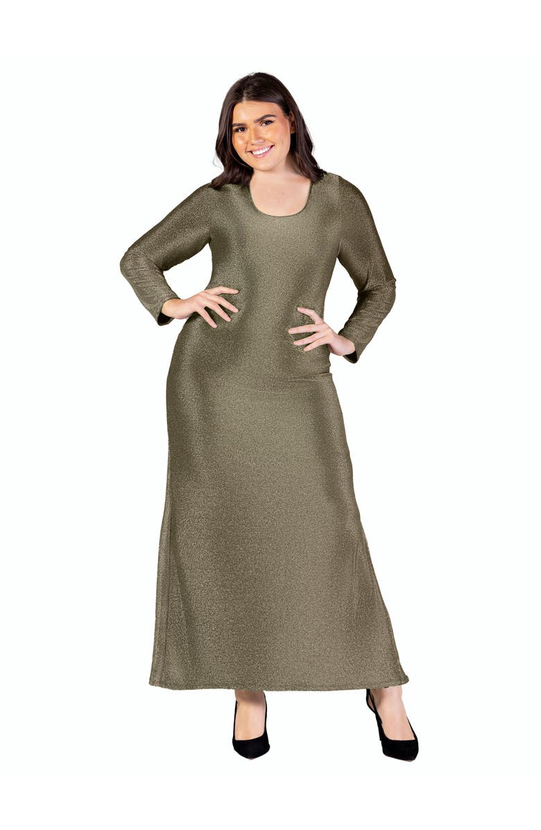 24seven Comfort Apparel Long Sleeve Scoop Neck Shimmery Fabric Maxi Dress, Main, color, Gold