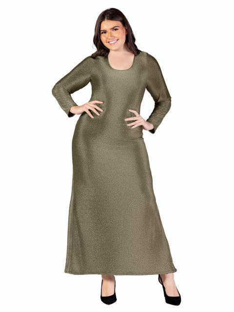 Long Sleeve Scoop Neck Shimmery Fabric Maxi Dress