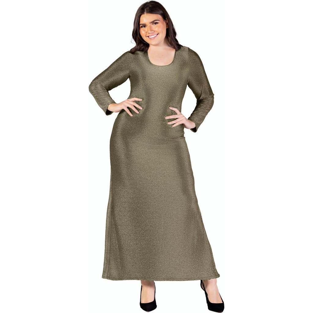 24seven Comfort Apparel Long Sleeve Scoop Neck Shimmery Fabric Maxi Dress In Gold