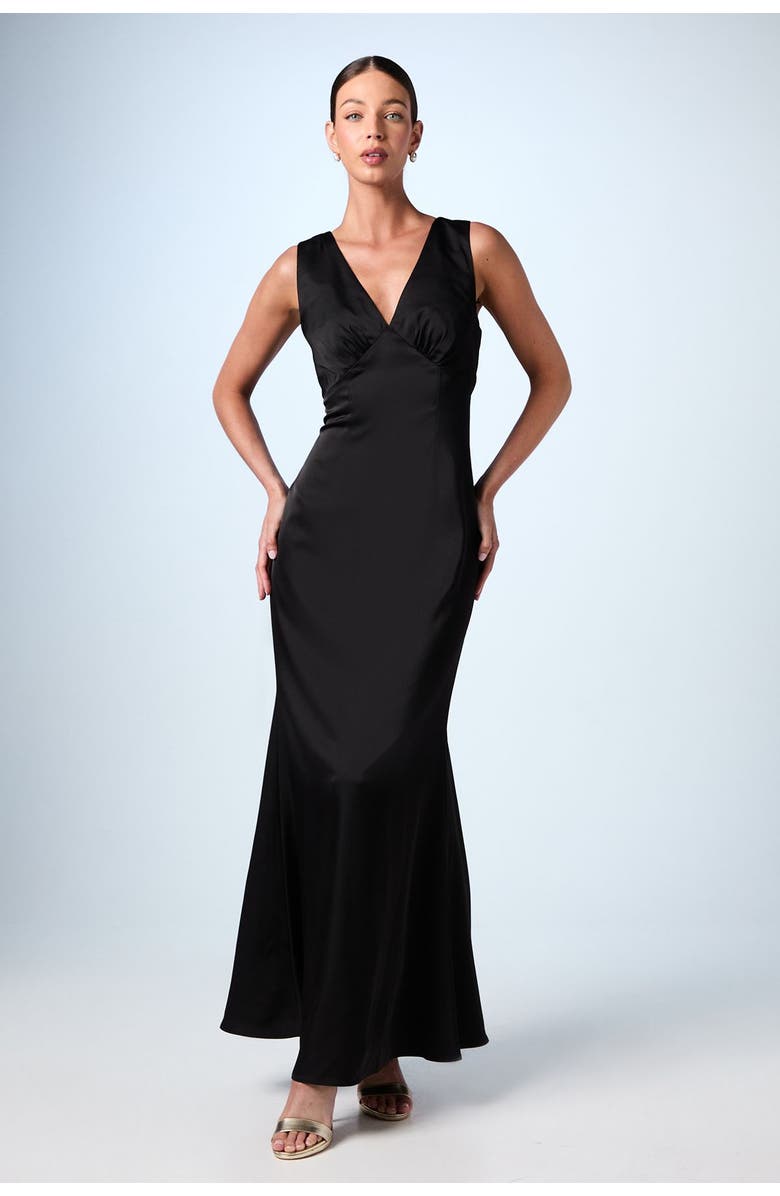 Coast Bow Back V-Neck Satin Bridesmaid Dress, Main, color, Black