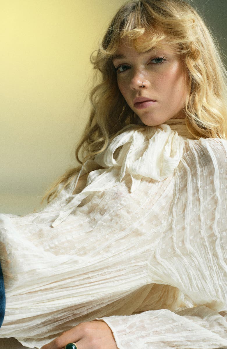 MANGO Textured Bow Bell Sleeve Top, Alternate, color,