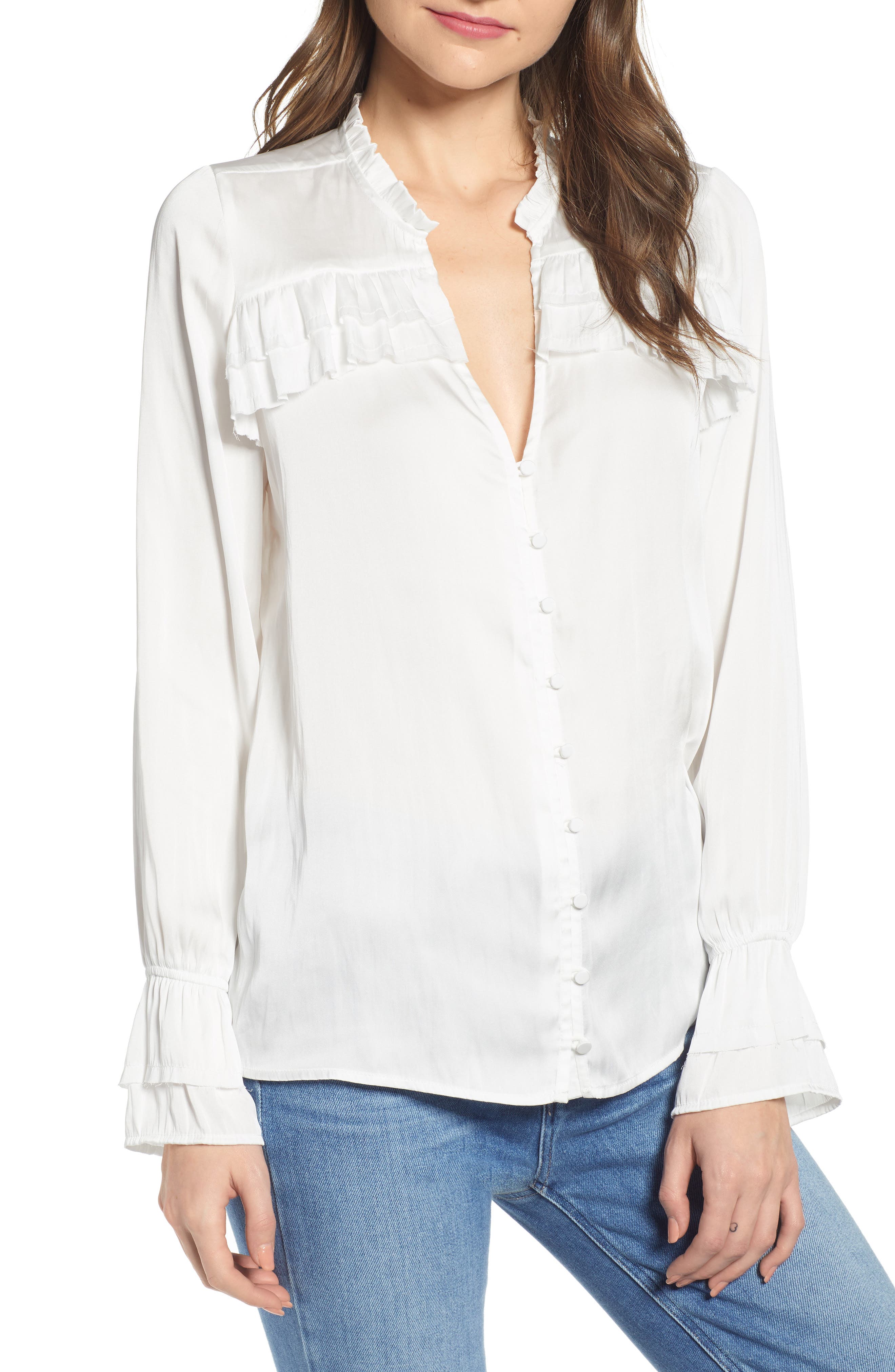 PAIGE Anguilla Ruffle Yoke Matte Satin Blouse