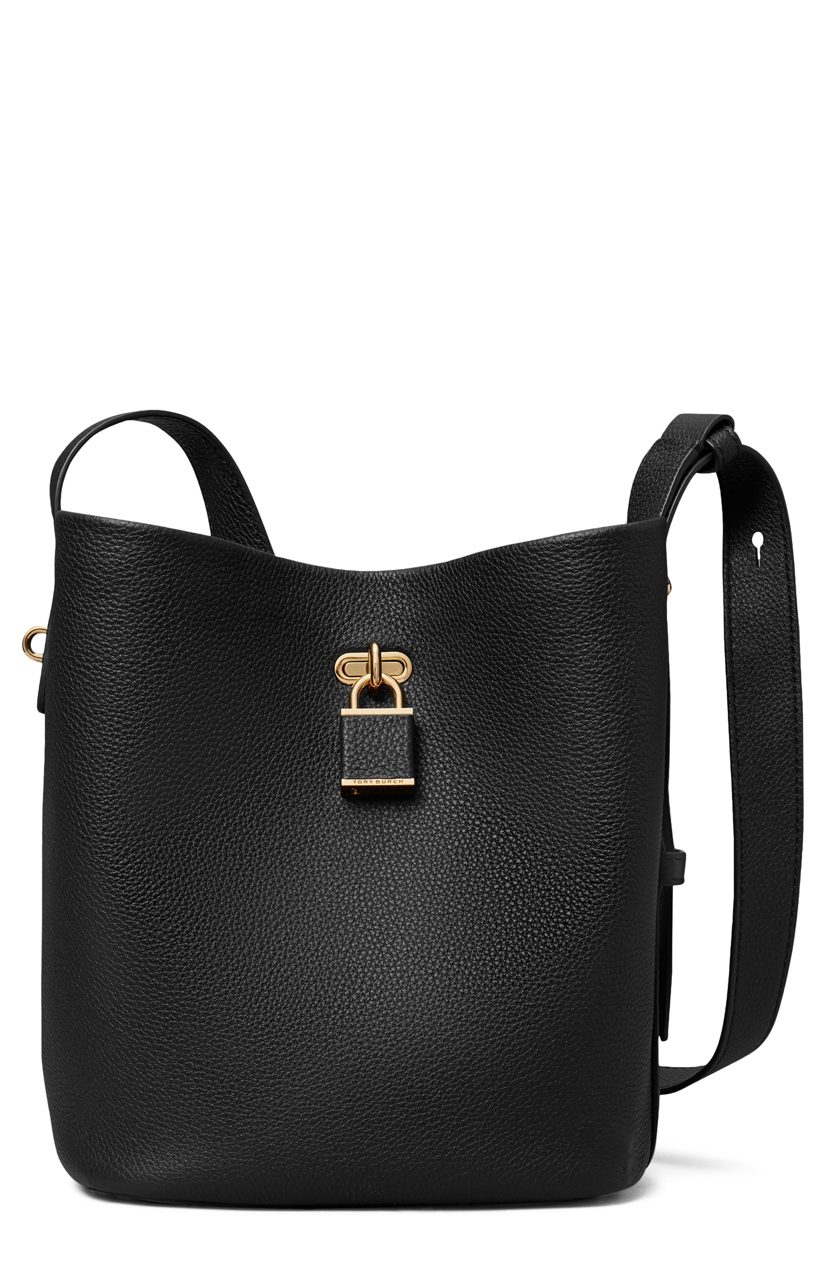 Lock Slim Medium Leather Bucket Bag, Main, color, BLACK