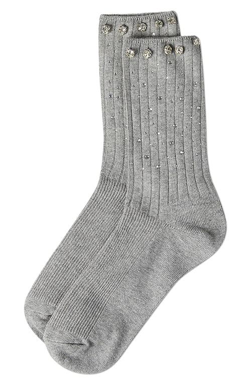 Memoi Rhinestone Rib Crew Socks In Gray