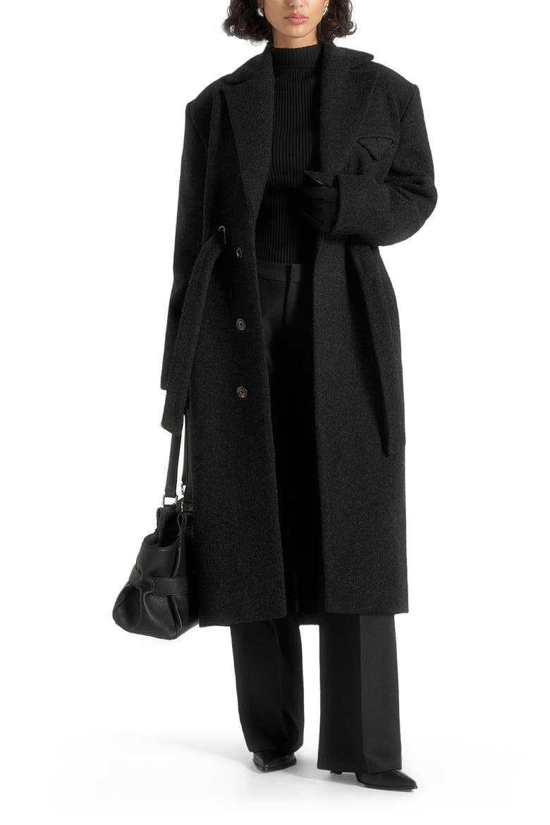 Jena Wide Shoulder Wool Coat with Cinch Belt, Main, color, Black