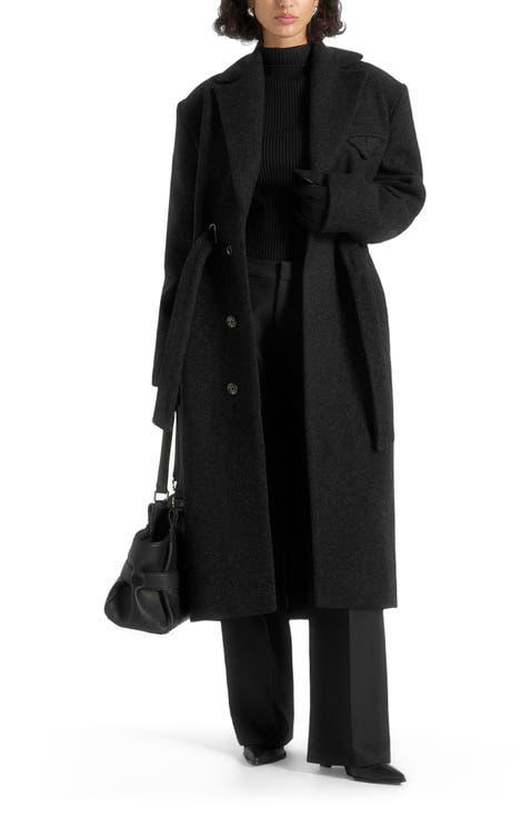 Jena Wide Shoulder Wool Coat with Cinch Belt