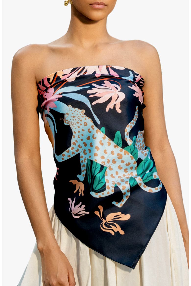 Double Sided Silk Scarf Night Jungle Gathering, Alternate, color, Black