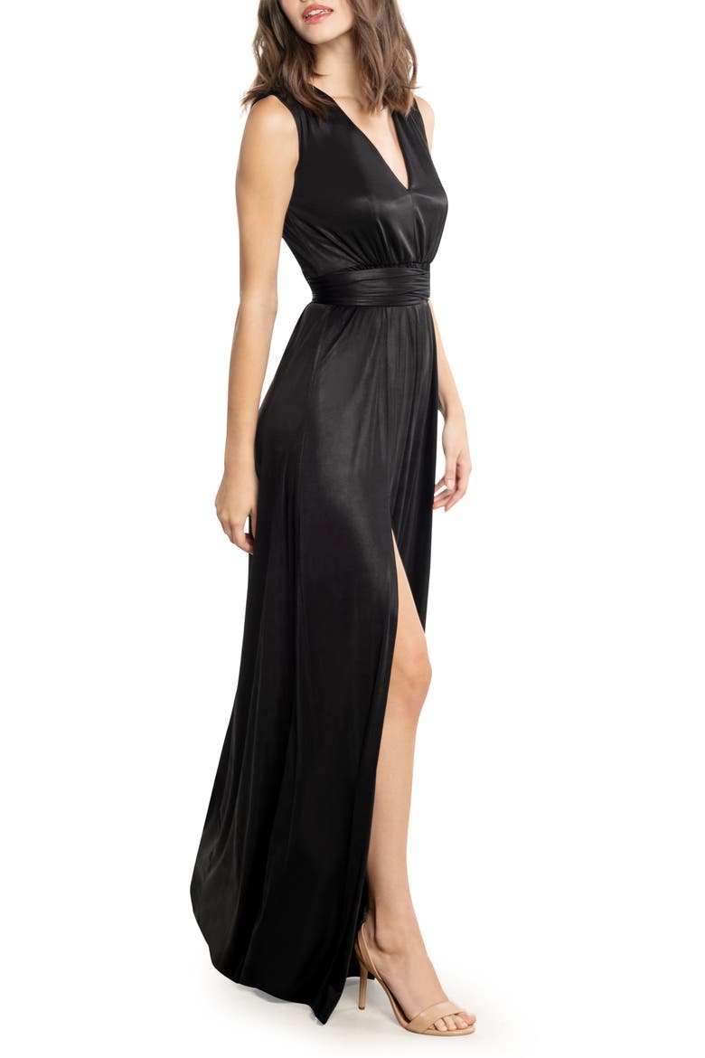 Krista Plunge Neck Side Slit Gown, Alternate, color, BLACK