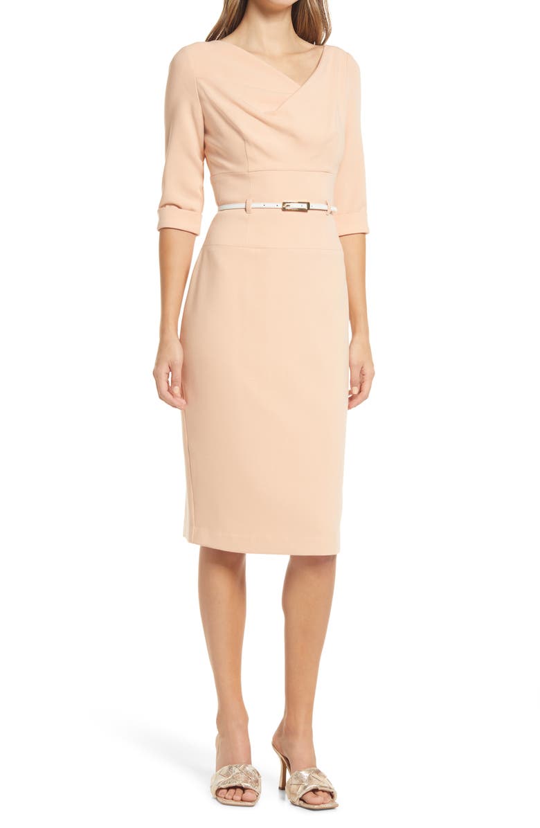 Black Halo Belted Drape Neck Sheath Dress, Main, color, 