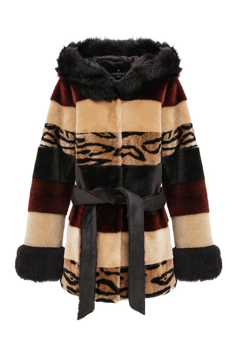 Genuine Shearling Parka with Genuine Shearling Hood Trim & Cuffs, Belt, Alternate, color, WINE/CAMEL/OCELO PRINT/BROWN
