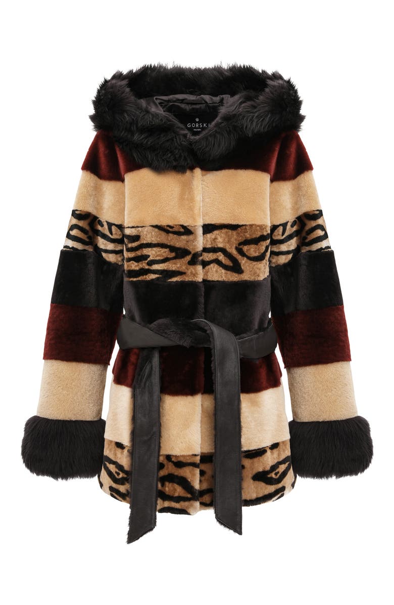 GORSKI Genuine Shearling Parka with Genuine Shearling Hood Trim & Cuffs, Belt, Alternate, color, Wine/Camel/Ocelo Print/Brown