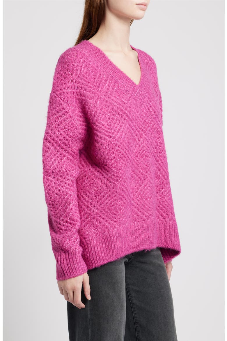 Diamond Stitch V-Neck Sweater, Alternate, color, PINK FUCHSIA