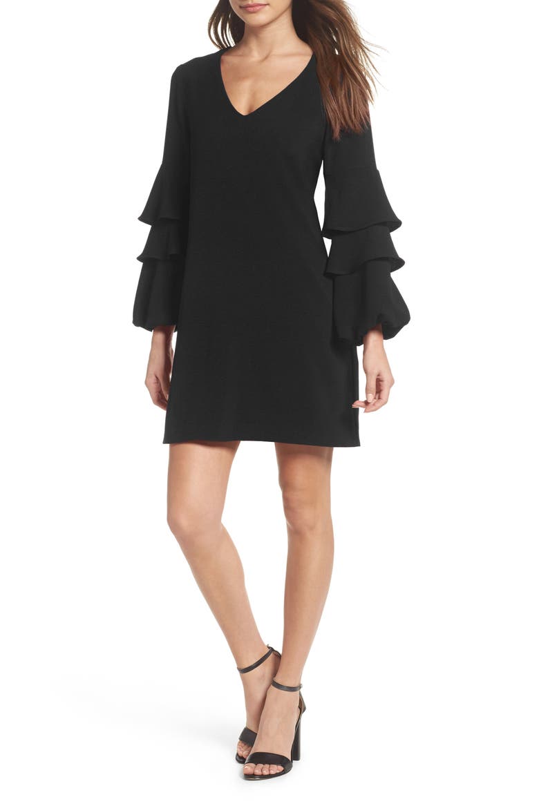 Tiered Ruffle Sleeve Shift Dress, Alternate, color, BLACK