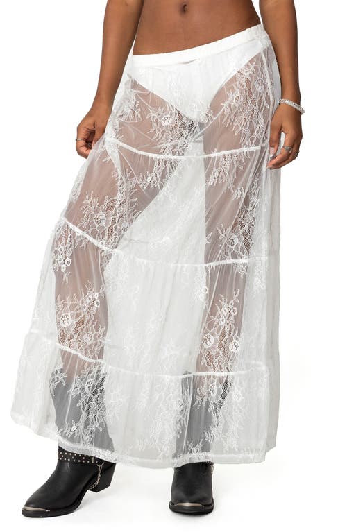 Shop Edikted Tiered Sheer Lace Maxi Skirt In White