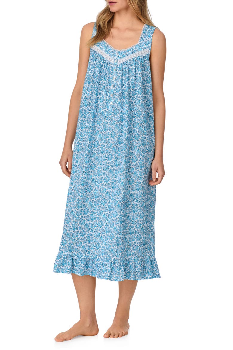 Sleeveless Cotton Ballet Nightgown, Alternate, color, WHITE/AQUA