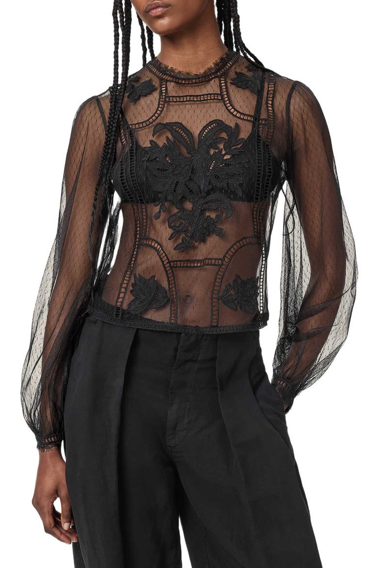 Cesca Embroidered Sheer Mock Neck Top, Main, color, BLACK
