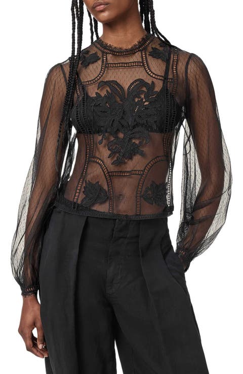 Cesca Embroidered Sheer Mock Neck Top