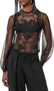 AllSaints Cesca Embroidered Sheer Mock Neck Top