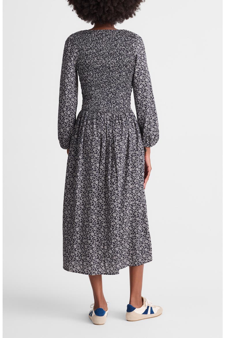 Floral Smock V-Neck Cotton Blend Midi Dress, Alternate, color, CLASSIC NAVY