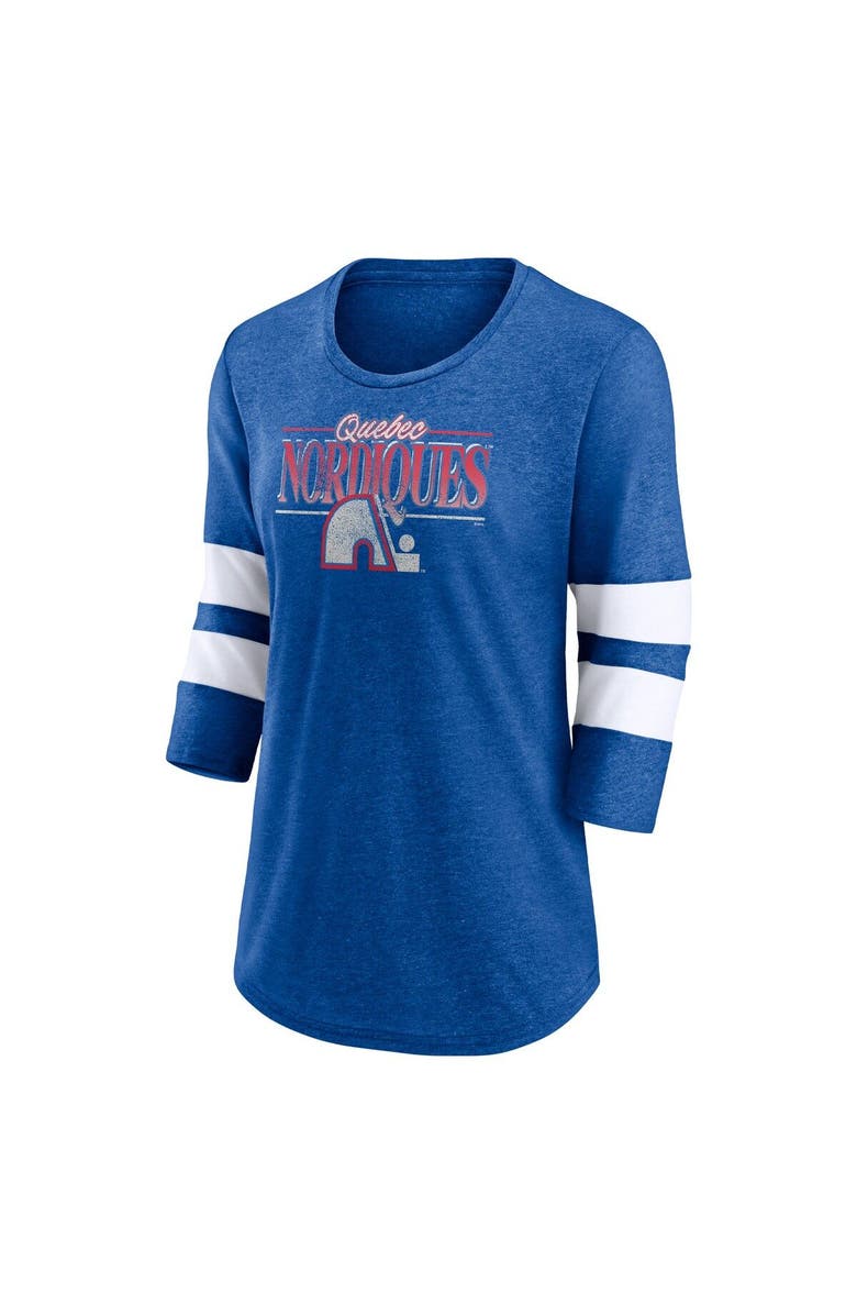 FANATICS Women's Fanatics Branded Heathered Royal/White Quebec Nordiques Full Shield 3/4-Sleeve Tri-Blend Raglan Scoop Neck T-Shirt, Alternate, color, Heather Royal