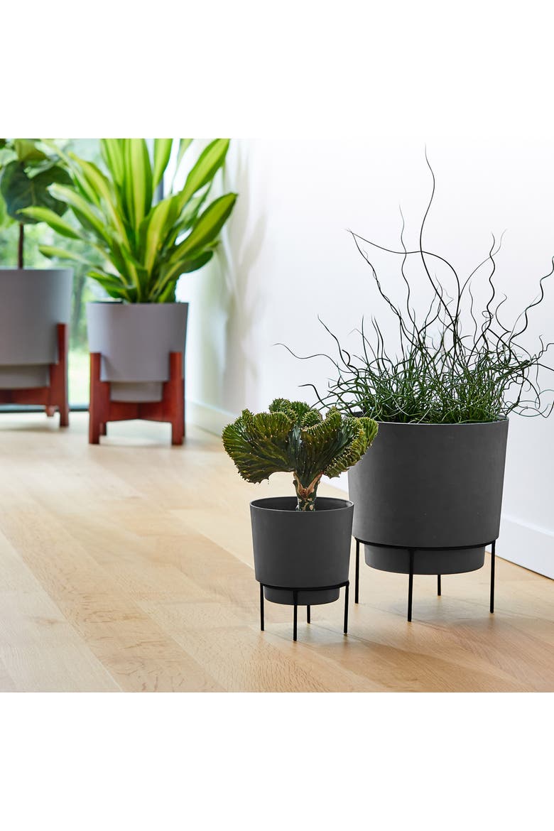 10" Hopson Round Planter with Black Metal Stand, Charcoal, Alternate, color, Gray