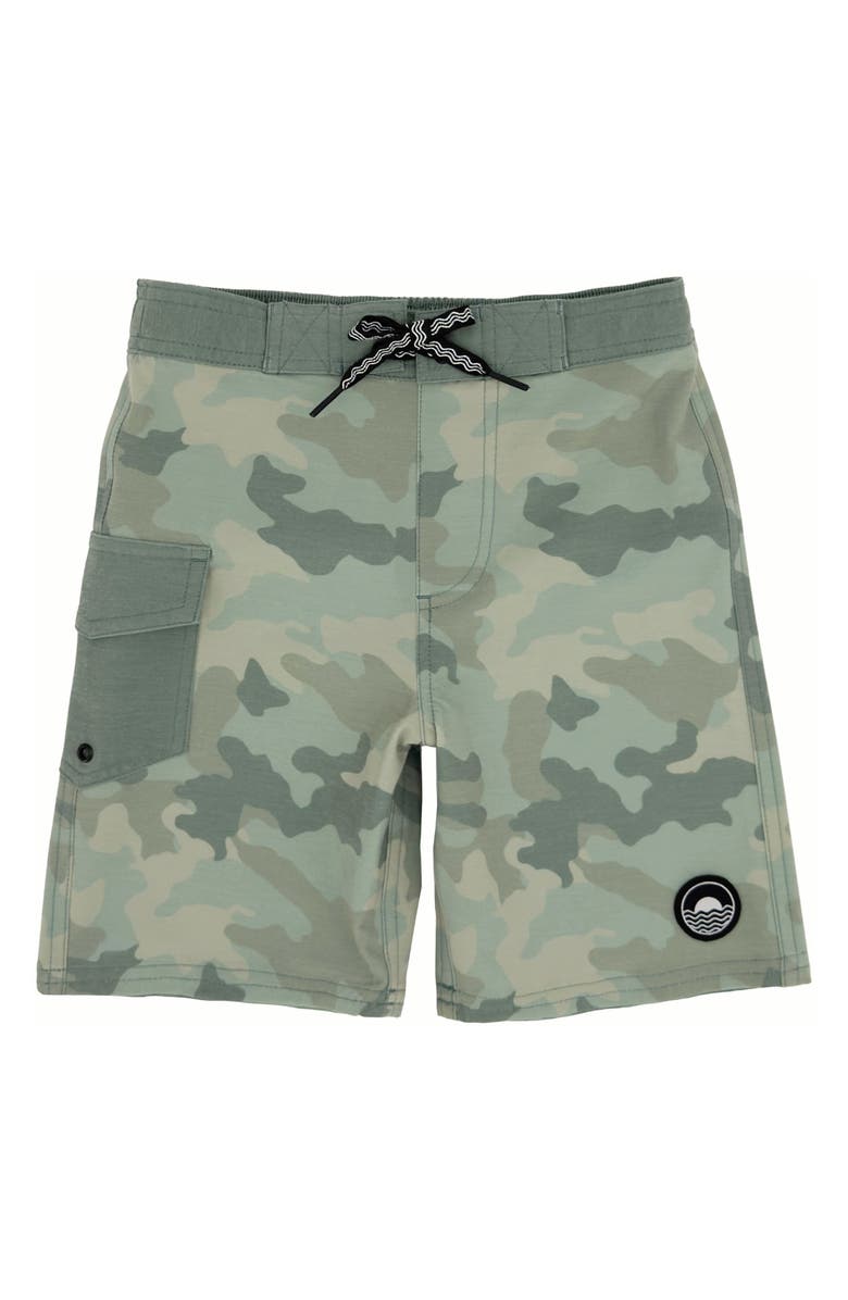 Feather 4 Arrow Kids' Camo Long Board Shorts, Main, color, Camo