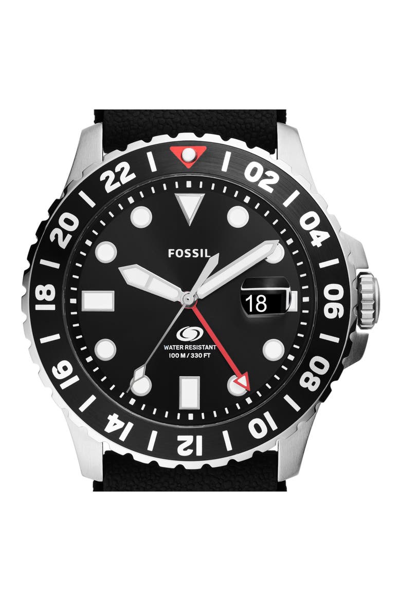 Blue GMT Silicone Strap Watch, 46mm, Alternate, color, BLACK