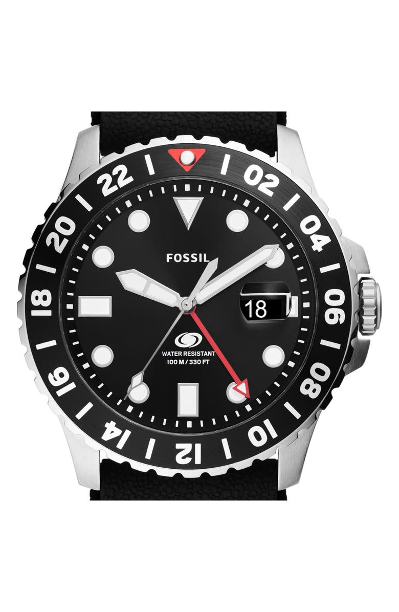 Fossil Blue GMT Silicone Strap Watch, 46mm, Alternate, color, Black