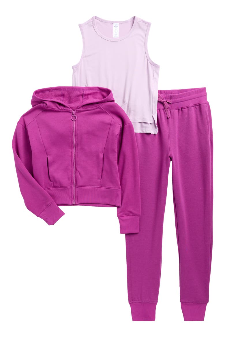 Kids' Josie Tank, Brushed French Terry Zip Hoodie & Joggers Set, Main, color, FAIR ORCHID/ PURPLE WINE