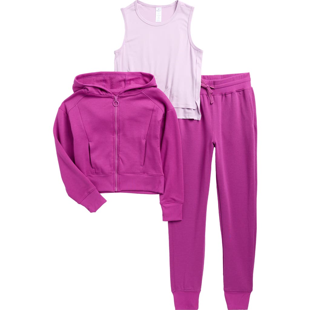 90 Degree By Reflex Kids' Josie Tank, Brushed French Terry Zip Hoodie & Joggers Set In Pink