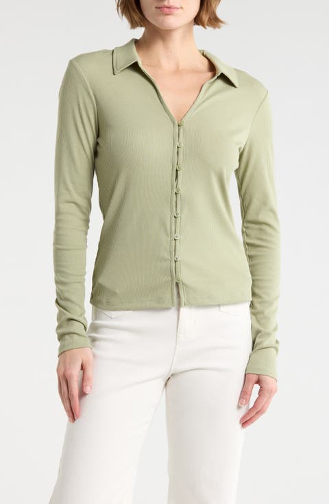 Johnny Collar Long Sleeve Button-Up Top