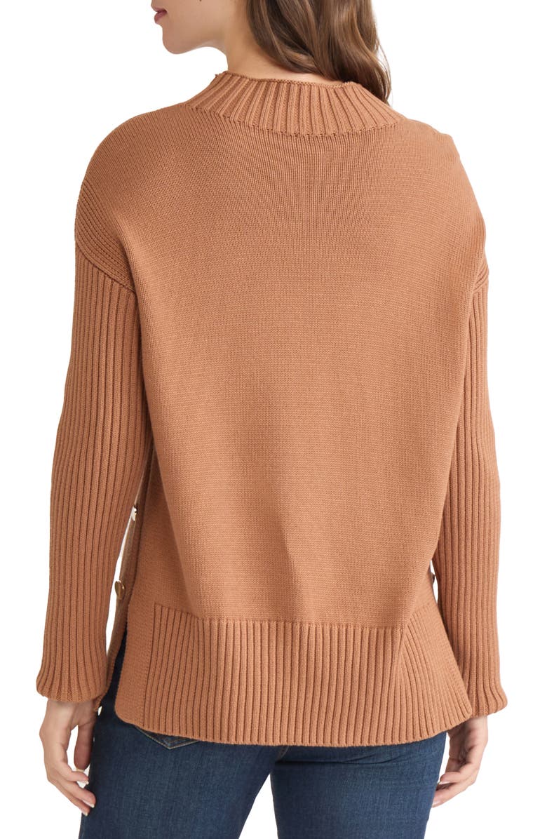 Jones New York Button Detail Rib Funnel Neck Sweater, Alternate, color, Caramel