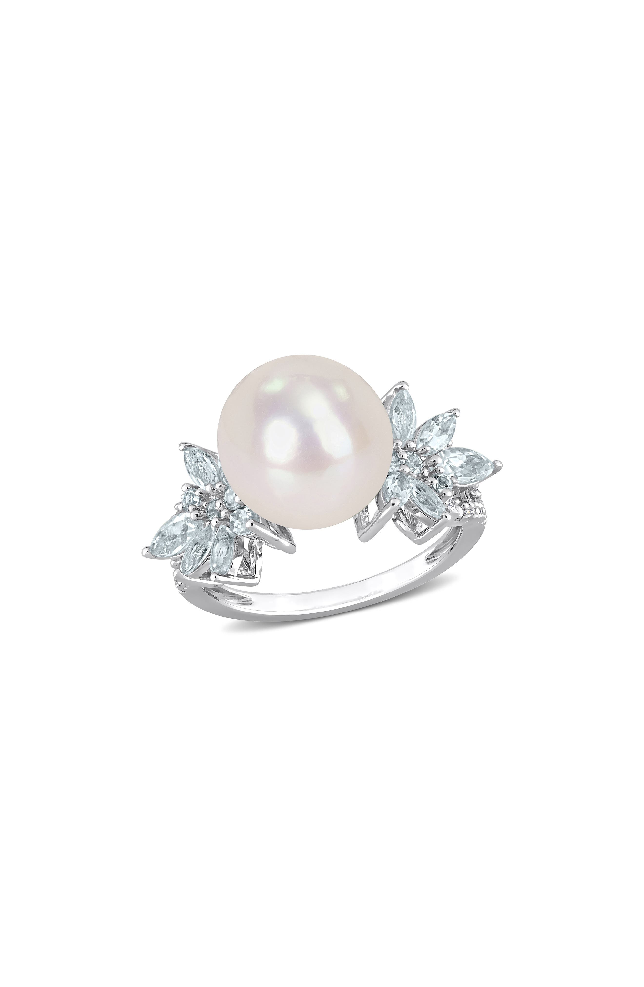 DELMAR Sterling Silver 11-12mm Freshwater Pearl & Marquise Diamond Ring