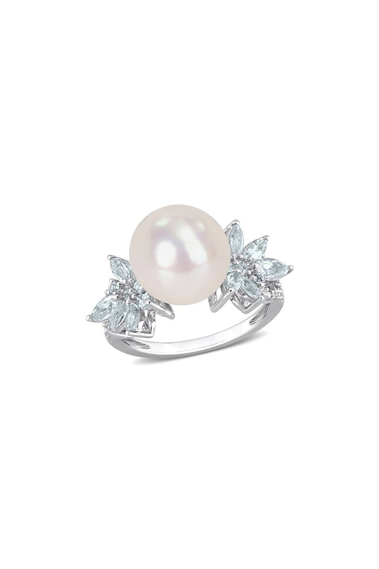 Sterling Silver 11-12mm Freshwater Pearl & Marquise Diamond Ring, Main, color, WHITE
