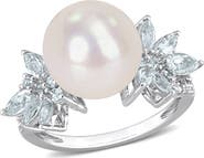 DELMAR Sterling Silver 11-12mm Freshwater Pearl & Marquise Diamond Ring