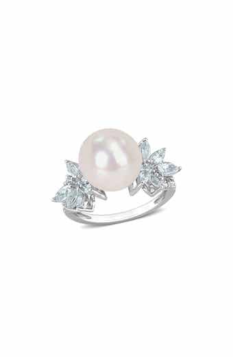 Sterling Silver 11-12mm Freshwater Pearl & Marquise Diamond Ring