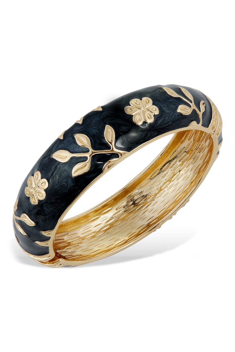 Enameled Floral Hinge Bangle Bracelet, Main, color, BLACK