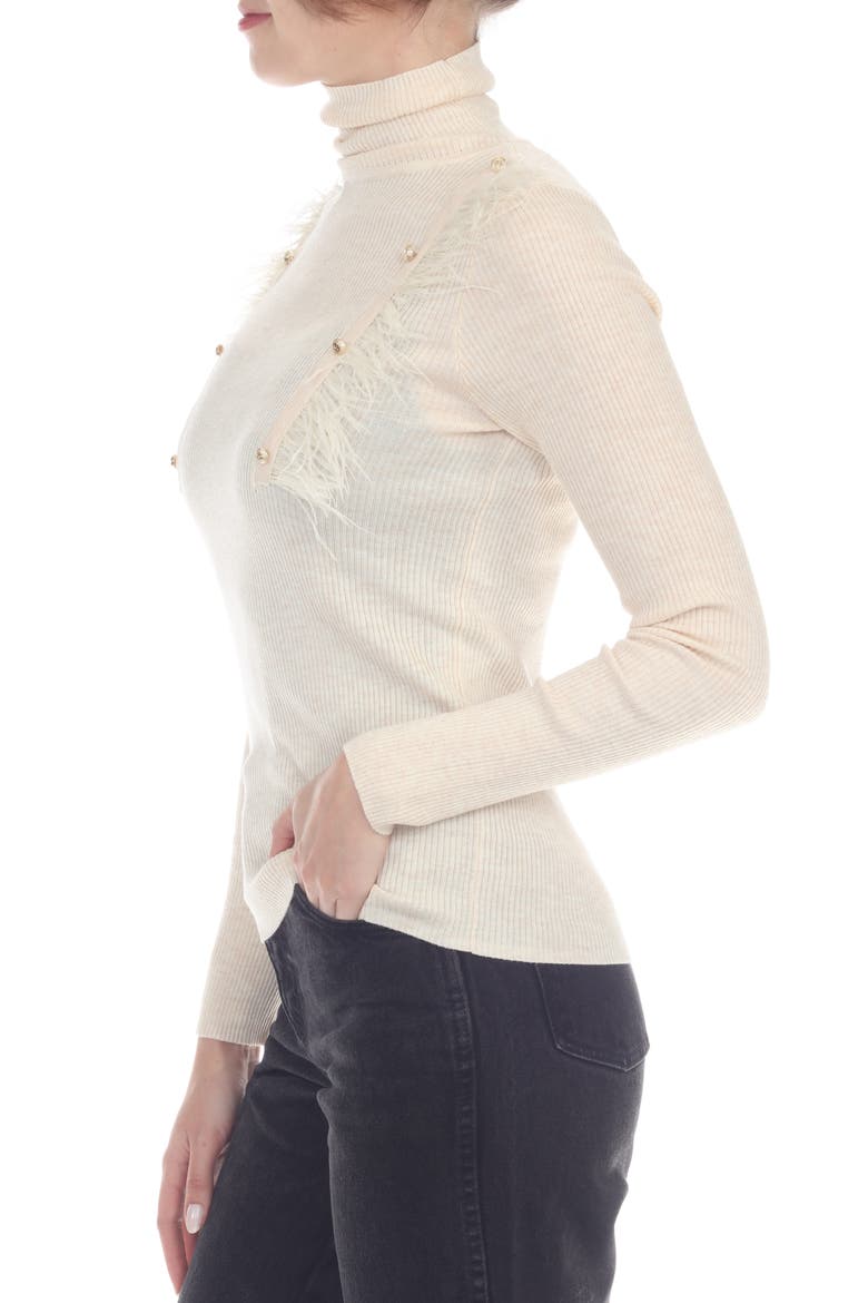 Feather Trim Rib Turtleneck Top, Alternate, color, IVORY