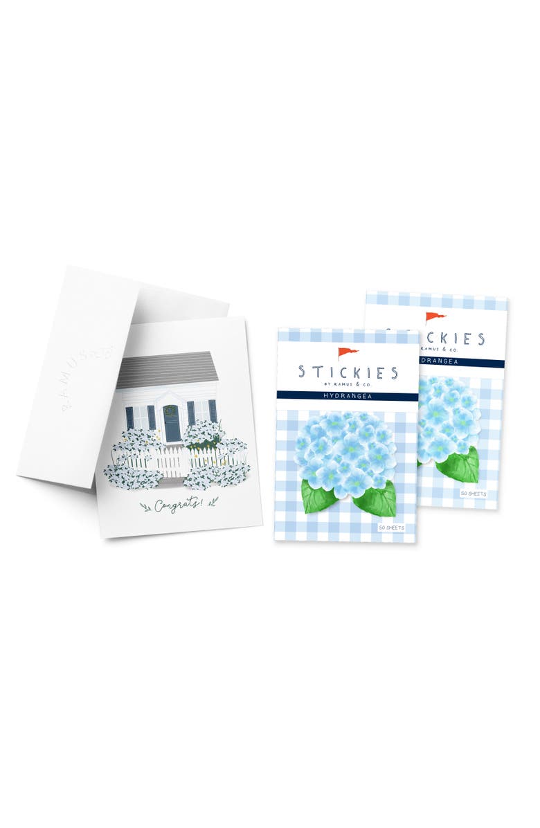 Ramus & Co Hydrangea 3" x 3" 50-Sheet Sticky Notes (2-Pack) & Cottage Greeting Card Combo, Main, color, Multi-Pack