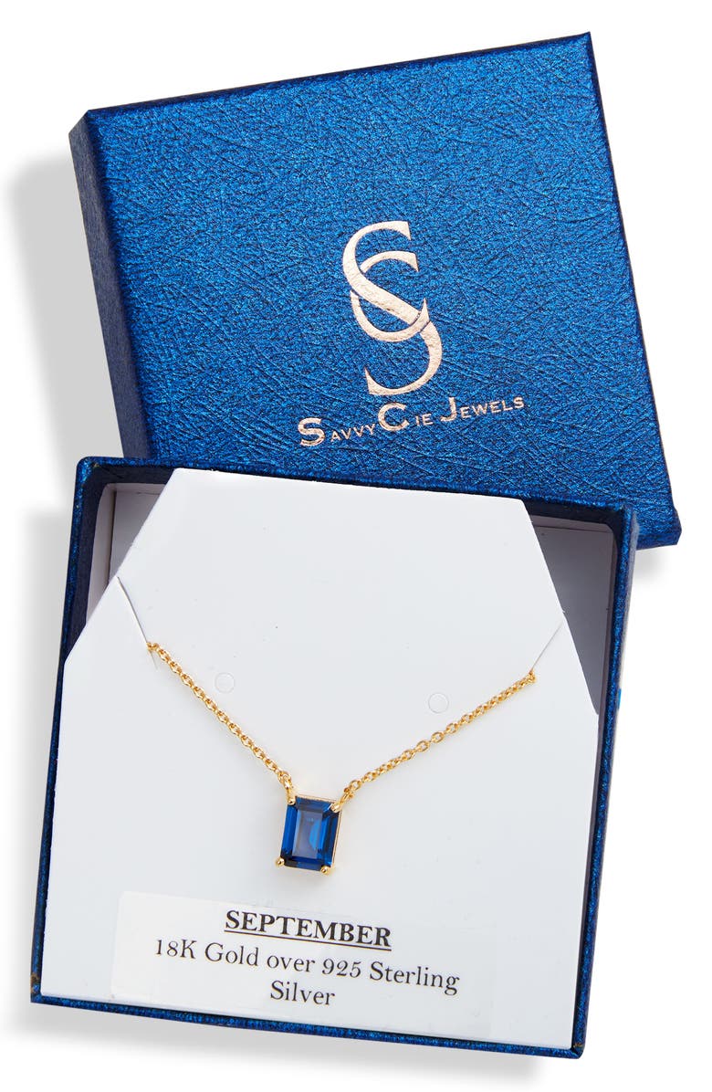 SAVVY CIE JEWELS Vermeil Emerald Cut CZ Birth Stone Box Cut Necklace, Alternate, color, Sapphire - September