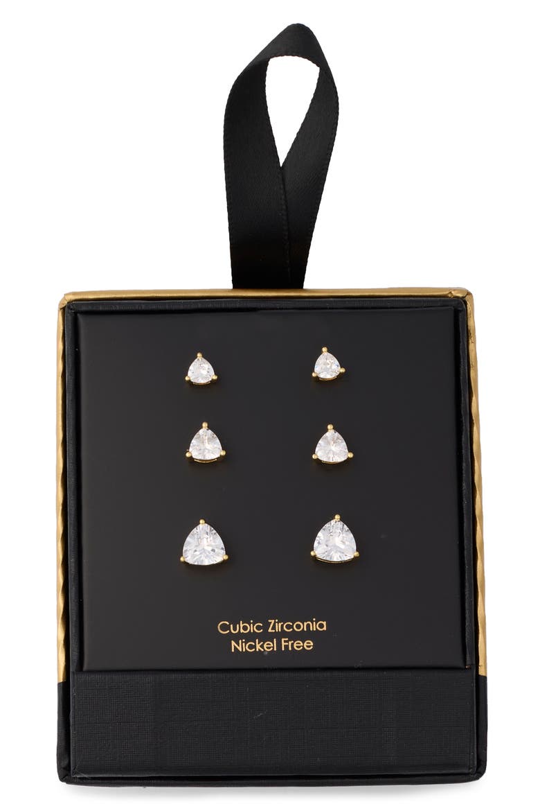 3-Pack Cubic Zirconia Trillion Cut Stud Earrings, Main, color, CLEAR- GOLD