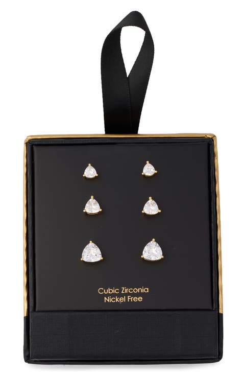 3-Pack Cubic Zirconia Trillion Cut Stud Earrings