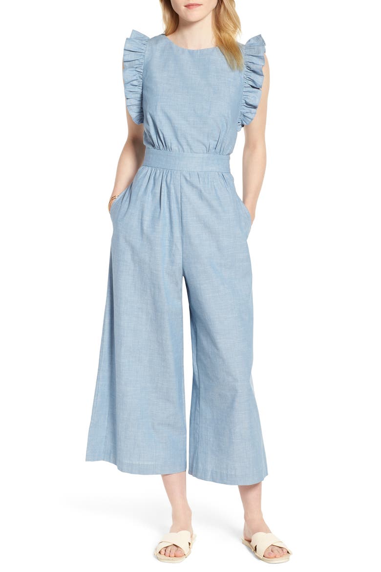 Ruffle Sleeve Crop Jumpsuit, Main, color, CHAMBRAY