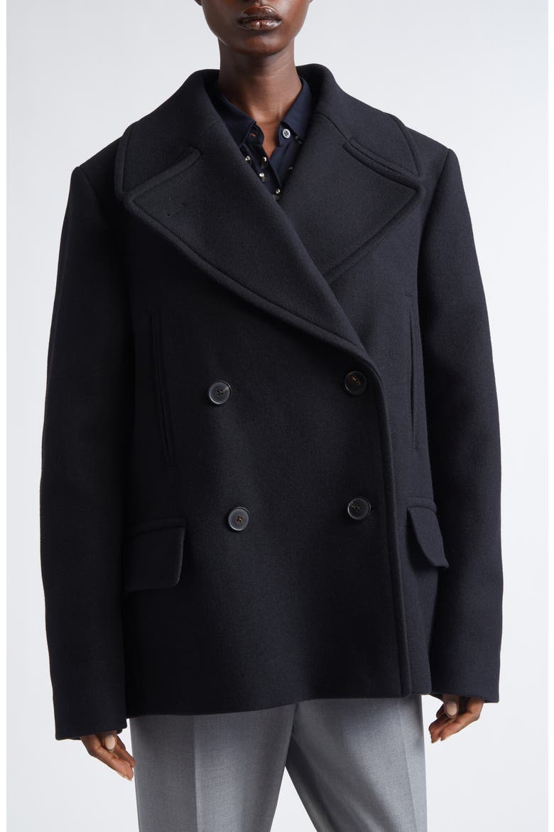 Vafel Wool Blend Twill Peacoat, Main, color, BLACK