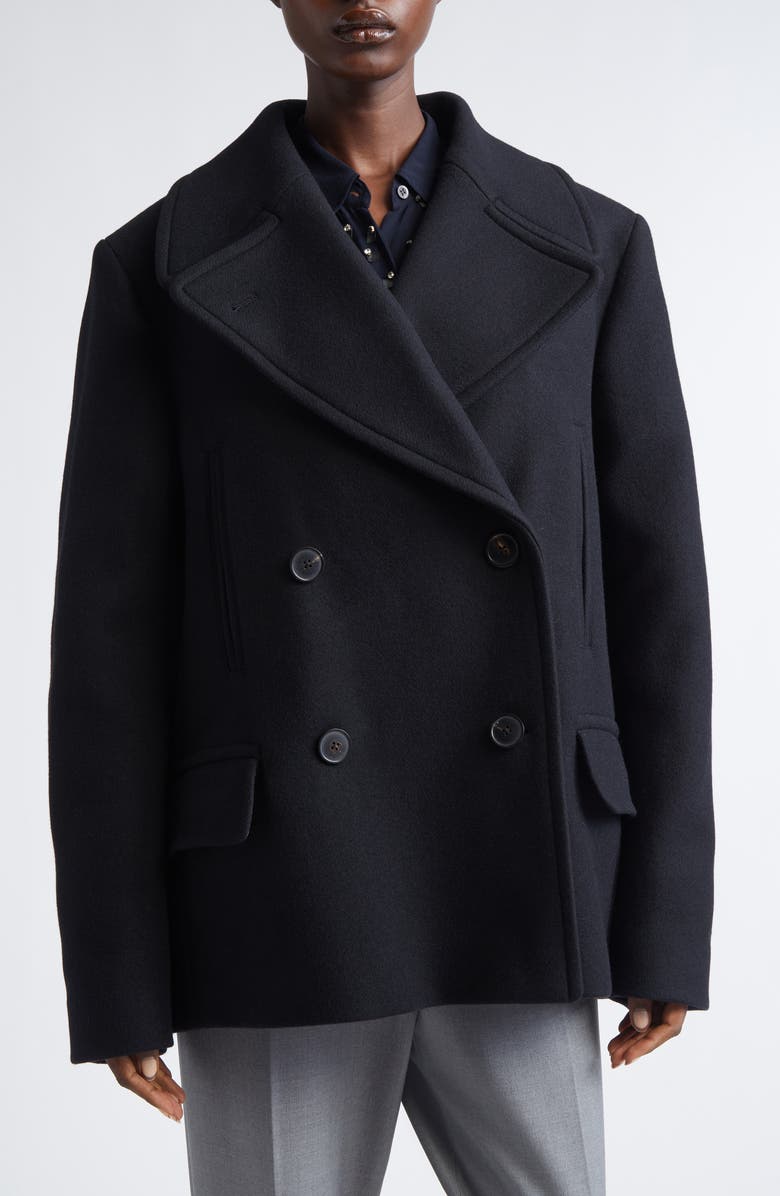 Dries Van Noten Vafel Wool Blend Twill Peacoat, Main, color, Black