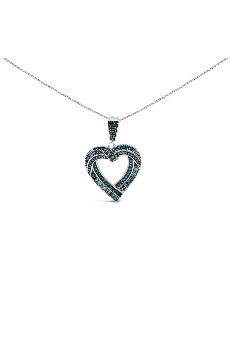 .925 Sterling Silver 1.00 Cttw Baguette and Round Blue Diamond Open Heart Pendant Necklace, Main, color, Silver