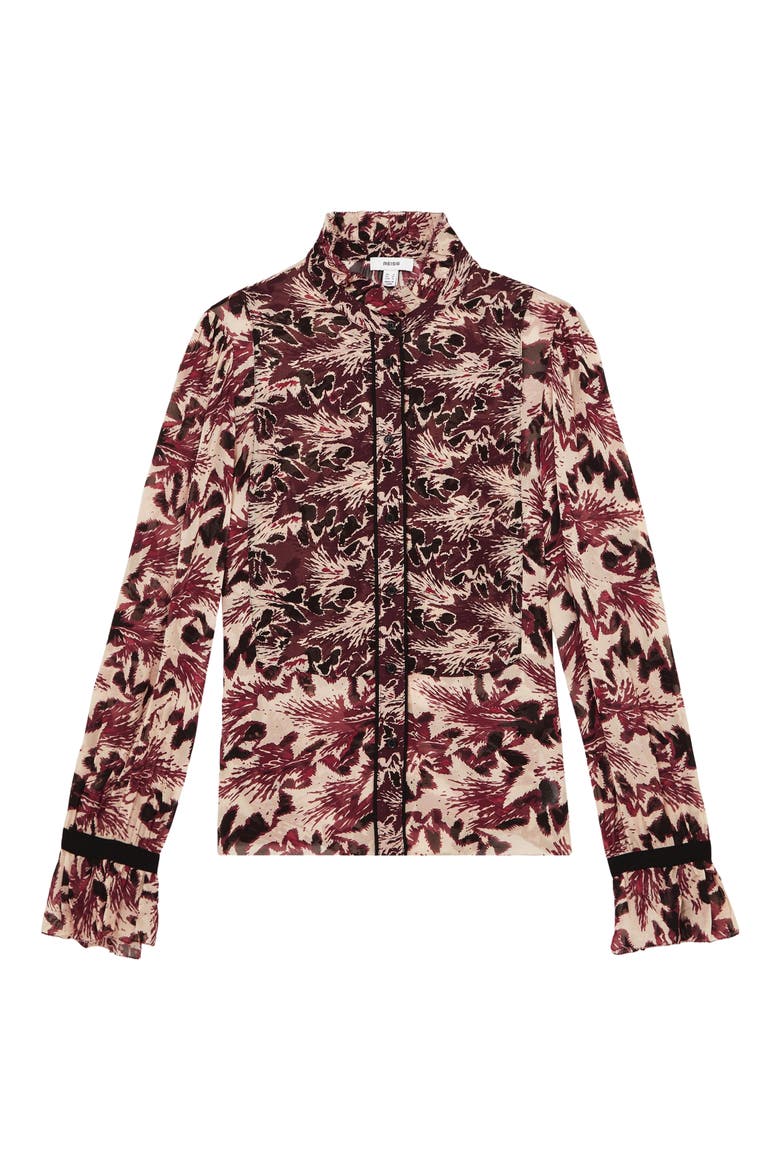 Jules Abstract Ruffle Neck Button-Up Shirt, Alternate, color, BURGUNDY/CREAM
