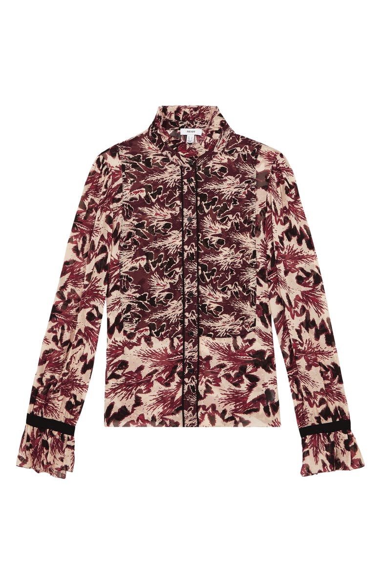 Reiss Jules Abstract Ruffle Neck Button-Up Shirt, Alternate, color, Burgundy/Cream