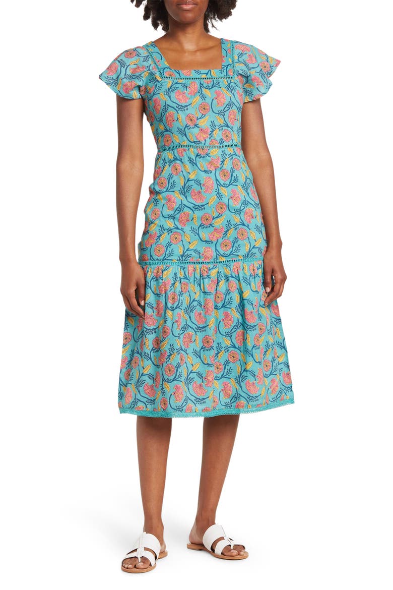 Lace Trimmed Square Neck Midi Dress, Main, color, SAGE/ PINK FLORAL